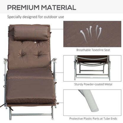 Outsunny Sun Lounger Steel Frame Outdoor Folding Chaise Texteline Lounge Chair Recliner with Headrest & 7 Levels Adjustable Backrest, Brown 