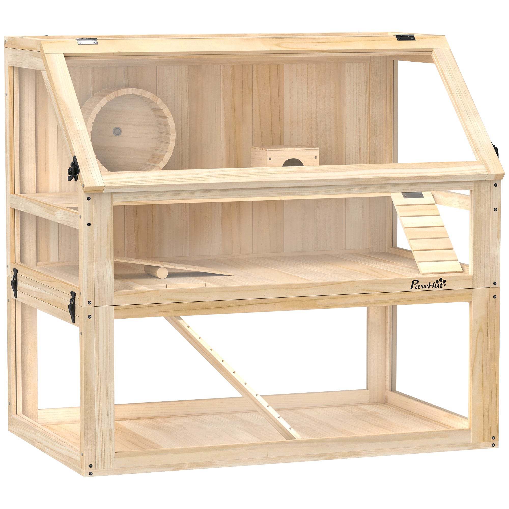 PawHut Wooden Hamster Cage with Detachable 31cm Deep Bottom, Hut, Seesaw, Exercise Wheel, Ramp, 80 x 50 x 76cm, Natural 