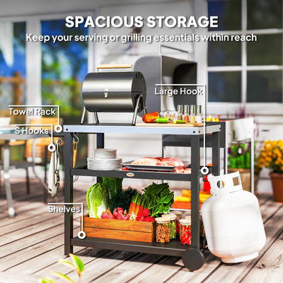 Outsunny Outdoor Grill Dining Cart 3-Shelf Movable Pizza Oven Table Stand with Stainless Steel Top, Portable BBQ Trolley Food Prep Outdoor Kitchen BBQ Station with Hooks Wheels Handle, Charcoal Grey 