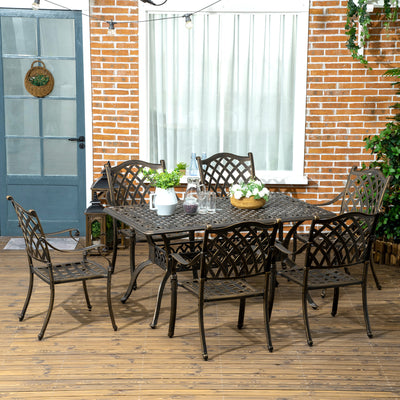 Outsunny 7 PCs Garden Patio Dining Set with Parasol Hole, Cast Aluminium Outdoor Furniture Set with Six Cushioned Chairs and Rectangle Dining Table, for Garden, Lawn, Deck, Bronze Tone 
