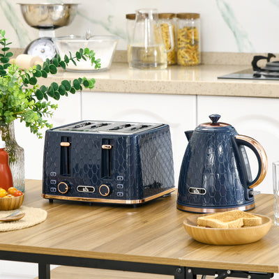 HOMCOM Kettle and Toaster Set, 1.7L 3000W Fast Boil Jug Kettle with Auto Shut Off, 4 Slice Toaster with 7 Level Browning Controls & Crumb Tray, Blue 