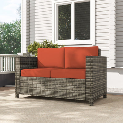 Outsunny Rattan Sofa, 2 Seater Garden Furniture with Soft Padded Cushion and Armrests, Wicker Garden Loveseat for Patio, Grey 