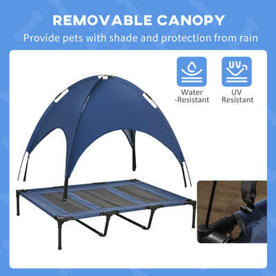PawHut Raised Dog Bed Waterproof Elevated Pet Cot with Breathable Mesh UV Protection Canopy Blue, for XL Dogs, 122 x 92 x 108cm 