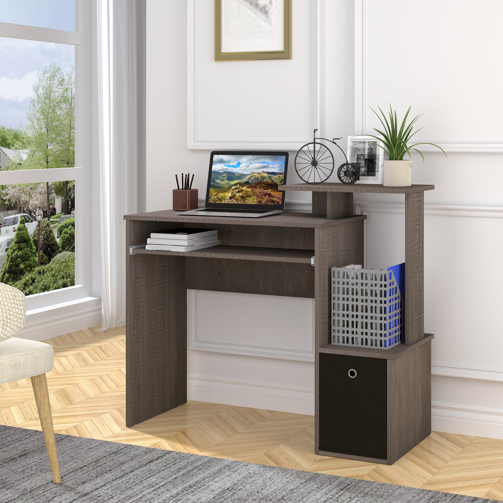 HOMCOM Computer Desk with Sliding Keyboard Tray Storage Drawer Shelf Home Office Workstation Grey 