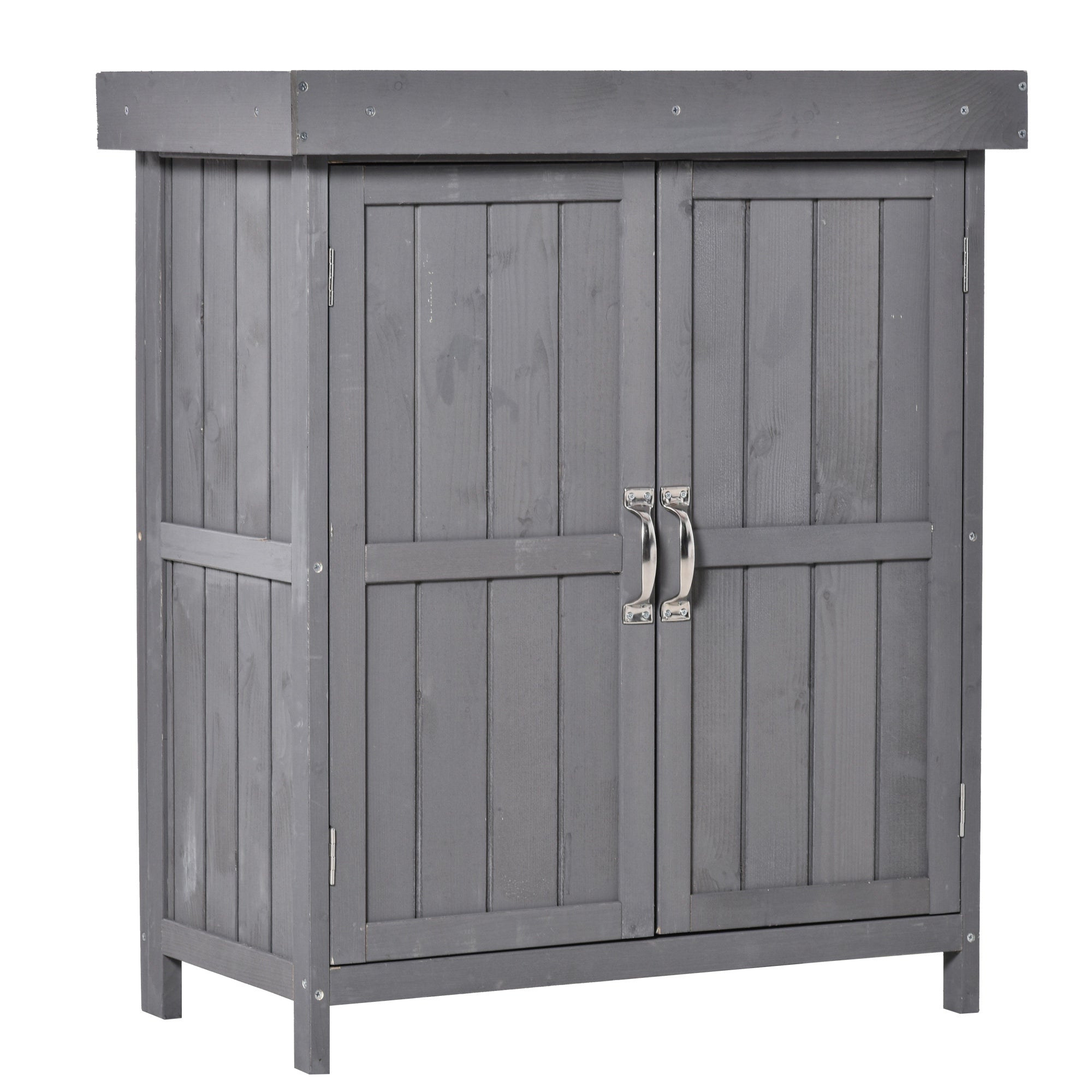 Outsunny Wooden Garden Storage Shed with Hinged Roof and Shelves, Outdoor Storage Cabinet Chest, Double Doors, 74 x 43 x 88cm, Grey 