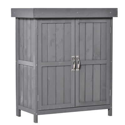 Outsunny Wooden Garden Storage Shed with Hinged Roof and Shelves, Outdoor Storage Cabinet Chest, Double Doors, 74 x 43 x 88cm, Grey 