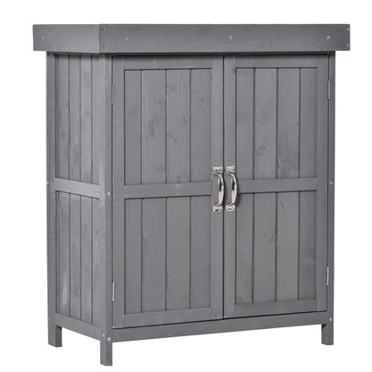 Outsunny Wooden Garden Storage Shed with Hinged Roof and Shelves, Outdoor Storage Cabinet Chest, Double Doors, 74 x 43 x 88cm, Grey 