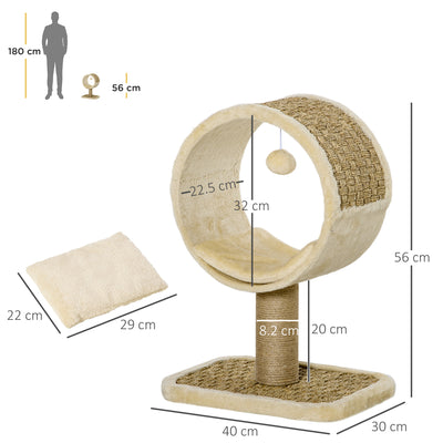 PawHut 56cm Cat Tree for Indoor Cats, with Scratching Post, Tunnel, Toy Ball - Beige 