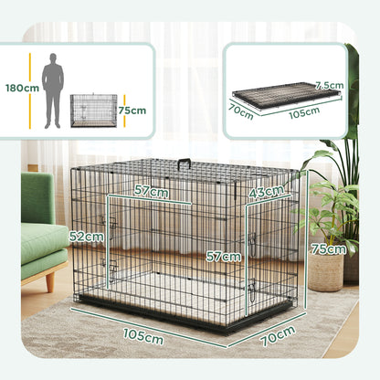 PawHut Foldable Dog Crate with 2 Doors with Tray, Soft Cushion, for Extra and Large Dogs, 105 x 70 x 75, Black 