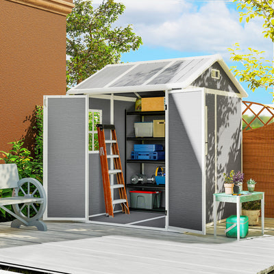 Outsunny 6 x 6ft Garden Shed with Floor, Window, Lockable Doors and Vents, Wood Effect Resin Tool Shed for Outdoor Patio, Grey 