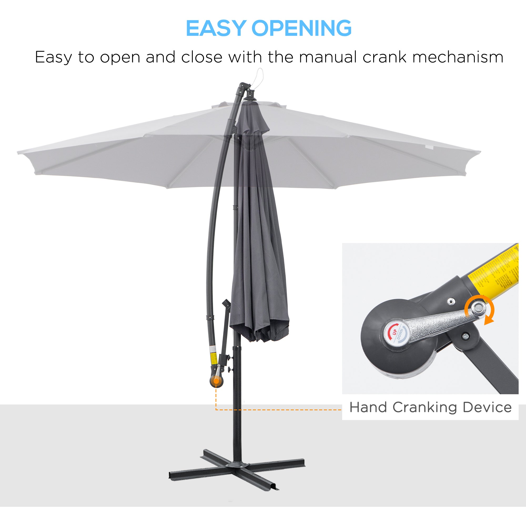 Outsunny 3(m) Garden Parasol Sun Shade Patio Banana Hanging Umbrella Cantilever with Crank Handle and Cross Base Grey 