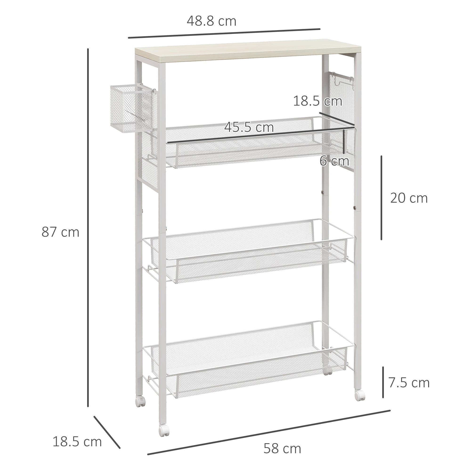 HOMCOM 3-Tier Kitchen Cart with 3 Steel Wire Baskets - White 