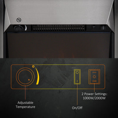 HOMCOM 2KW Stainless Steel Electric Fireplace Pebble Burning Effect Heater Fire Flame Indoor Stove LED Lighting 
