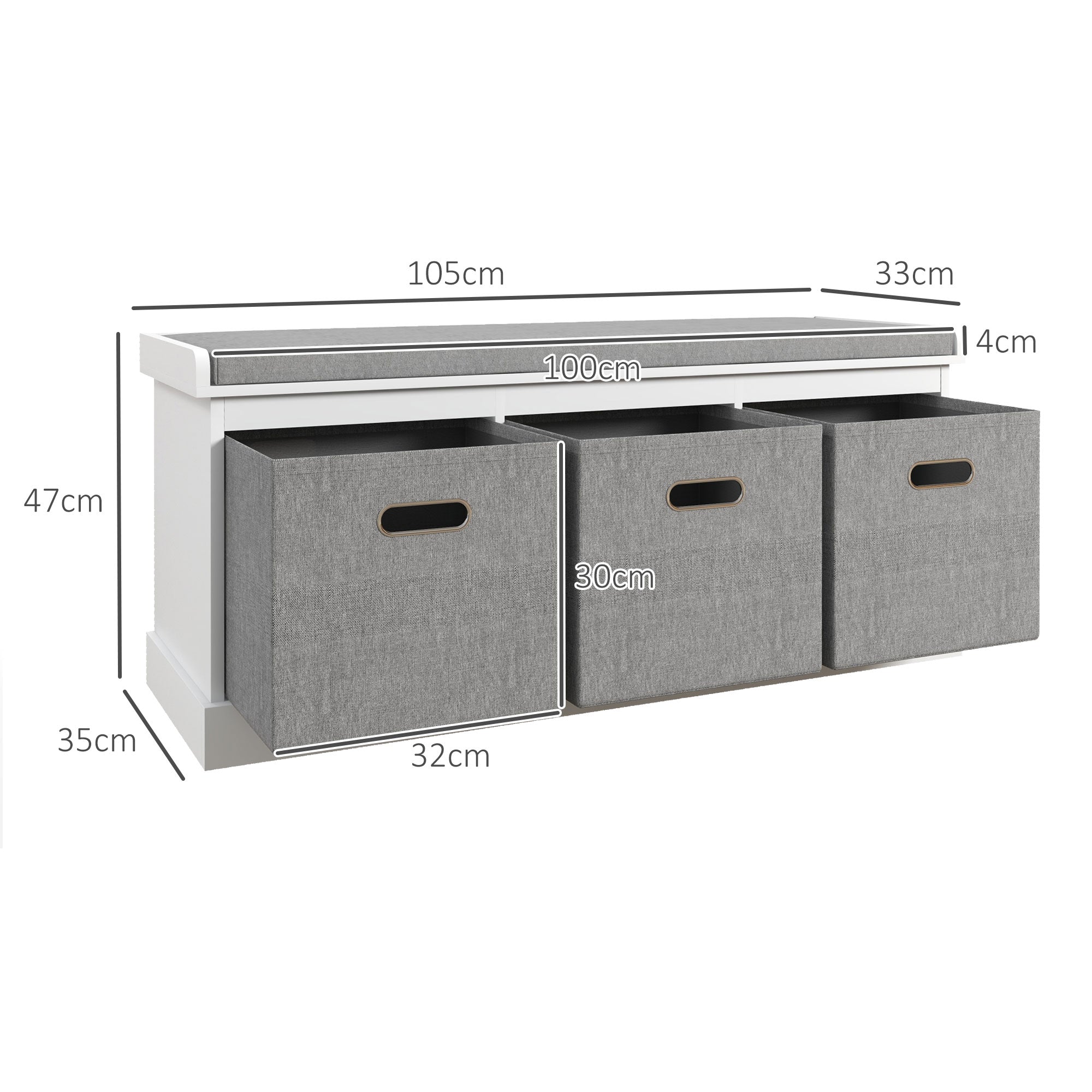 HOMCOM Three-Drawer Shoe Storage Bench, with Padded Top Seat - White 