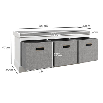 HOMCOM Three-Drawer Shoe Storage Bench, with Padded Top Seat - White 
