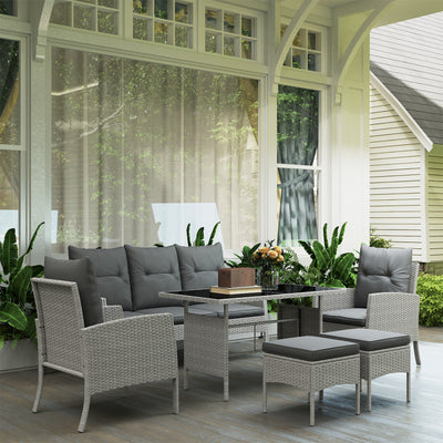 Outsunny 5 Seater Rattan Garden Furniture Set, 2 Armchairs, 3-Seater Wicker Sofa, 2 Footstools and Glass Table, 6 Piece Patio Rattan furniture Sofa Sets with Cushions for Conservatory, Grey 