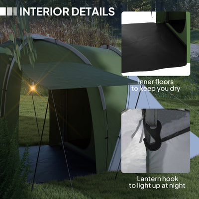 Outsunny Large Camping Tent Tunnel Tent with 2 Bedroom and Living Area, 2000mm Waterproof, Portable with Bag for 4-6 Man, Green 