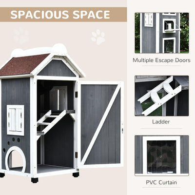 PawHut Wooden Cat House, Weatherproof Pet Shelter, Outdoor Cat Condos Cave, 2 Floor Furniture, Grey and White 