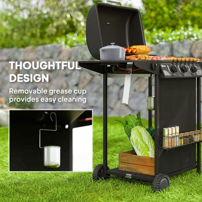 Outsunny 3+1 Burner Gas BBQ Grill, Portable Gas Barbecue Grill with Built-in Thermometer, Lid, Side Table, Shelf, Spice Rack, Wheels, Grease Cup for Garden Party Outdoor Cooking, Black 