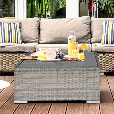 Outsunny Square PE Wicker Rattan Table, with Glass Top - Light Grey 