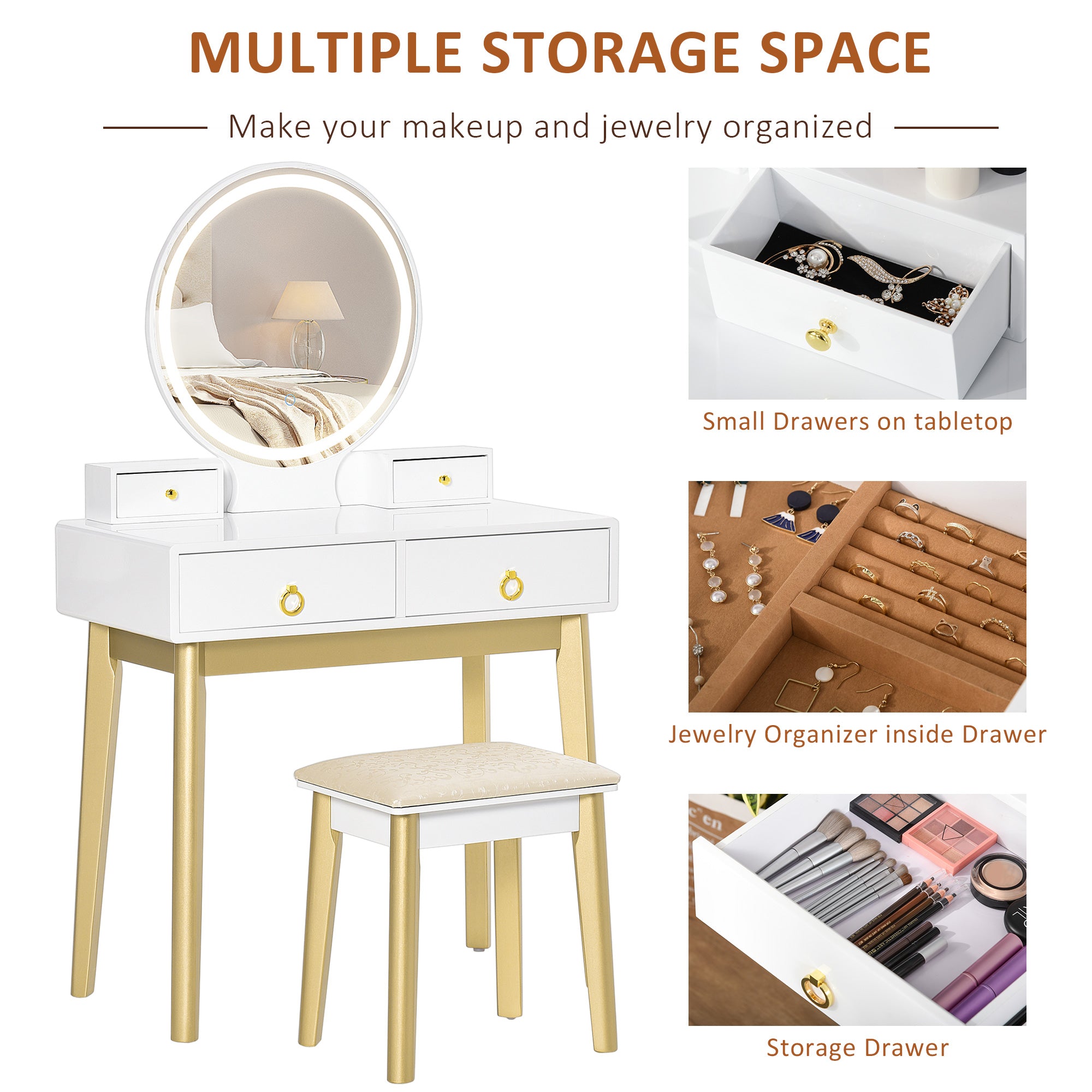 HOMCOM Dressing Table Set with Mirror, Built-in 3 Color LED Light, Vanity Makeup Table with 4 Drawers and Cushioned Stool for Bedroom, White 