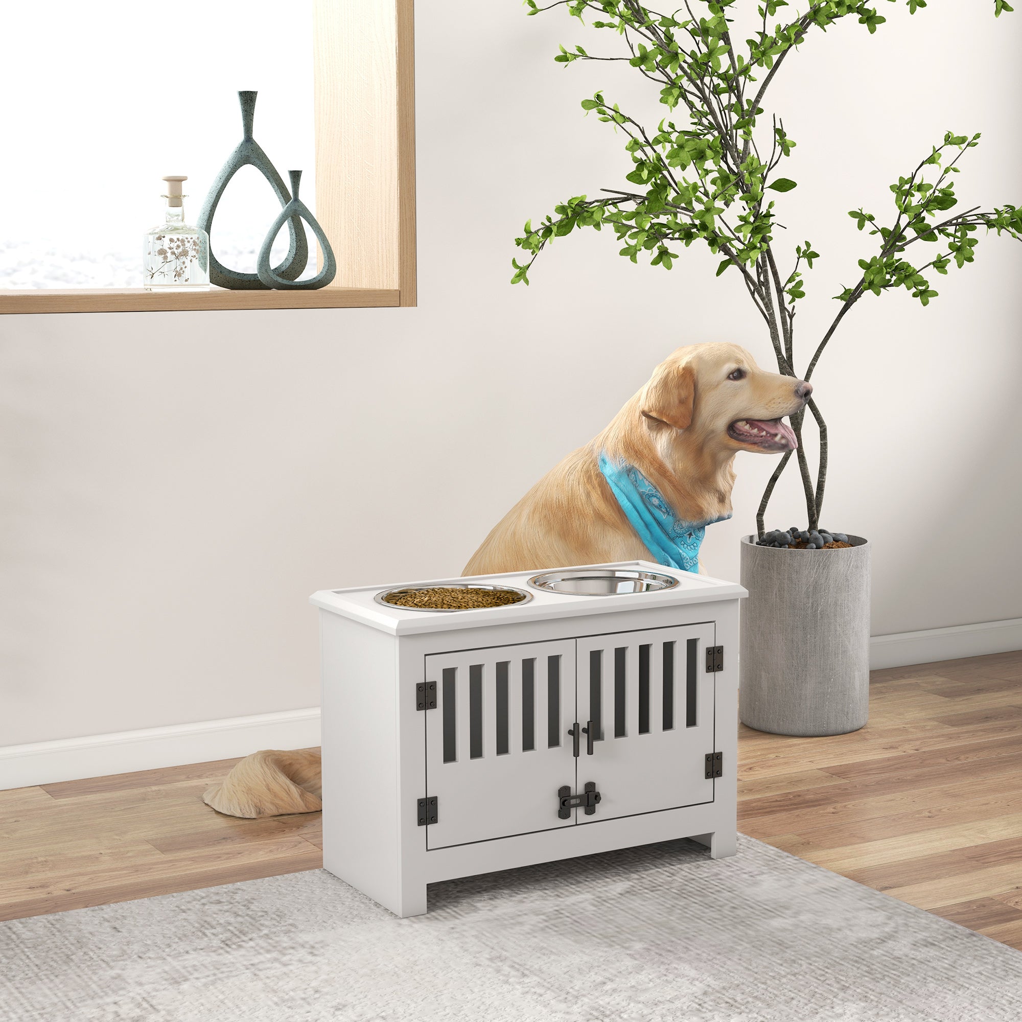PawHut Raised Dog Bowls, Pet Feeding Station, with Storage, Food and Water Bowls, for Large Dogs - White 