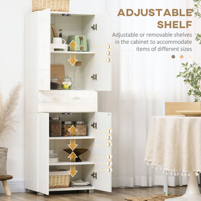 HOMCOM 4-Door Kitchen Cupboard, Freestanding 5-Tier Storage Cabinet with 3 Adjustable Shelves, 2 Drawers for Living Room, Dining Room, Push to Open Design, High Gloss White 