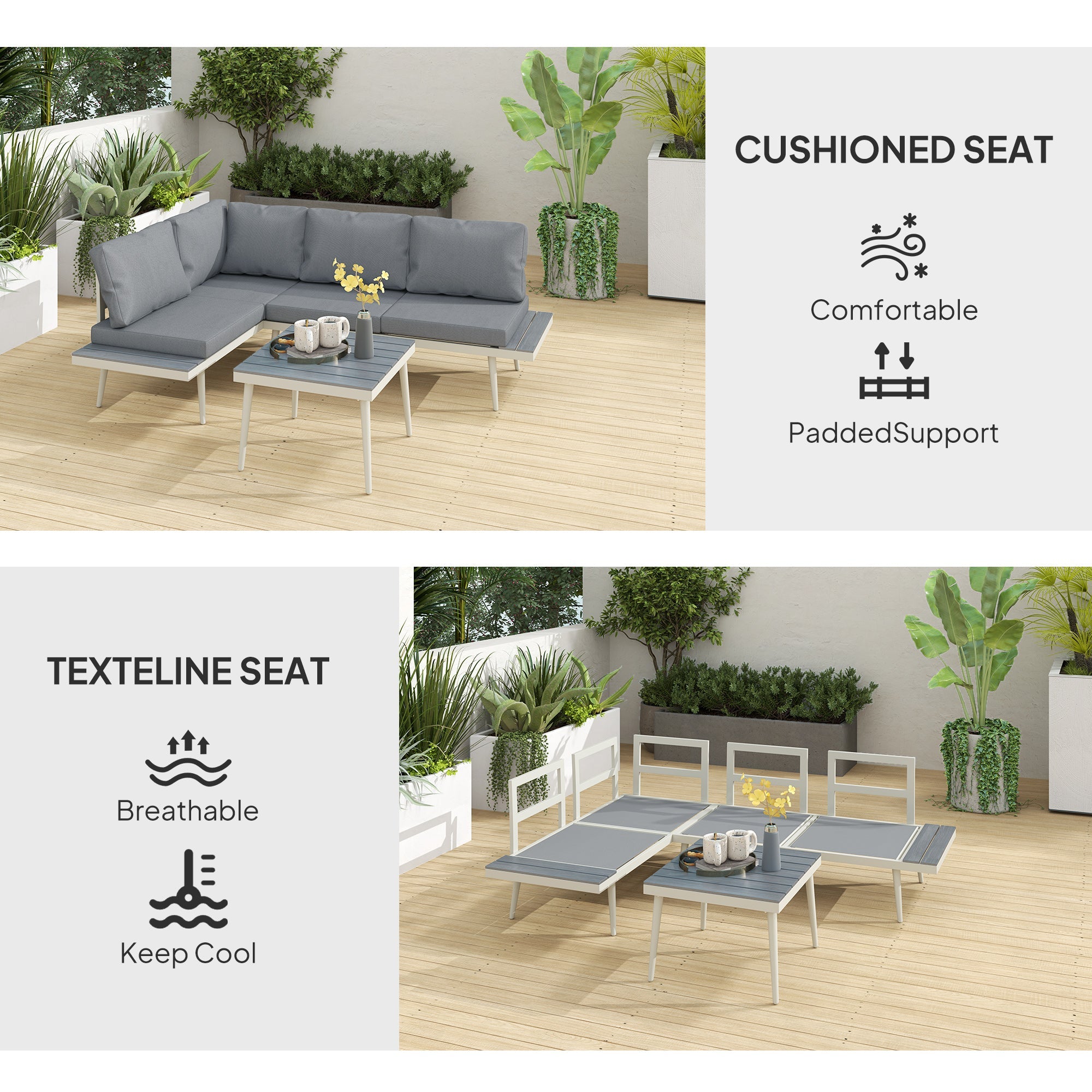 Outsunny 3 Piece Garden Furniture Set with 5-Level Adjustable Lounger, L Shaped Garden Corner Sofa with Cushions, Mesh Seat, Slatted Wood-Grain Table, Outdoor Furniture Set for Conservatory, Grey 