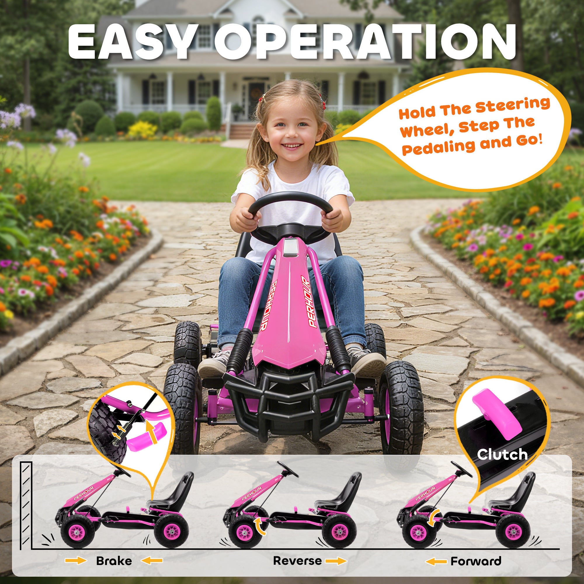 AIYAPLAY Kids Pedal Go Kart with Adjustable Seat, EVA Tyres, Manual Clutch, Brake, Go Kart for Kids 3-8 Years, Pink 