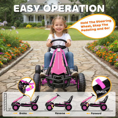 AIYAPLAY Kids Pedal Go Kart with Adjustable Seat, EVA Tyres, Manual Clutch, Brake, Go Kart for Kids 3-8 Years, Pink 
