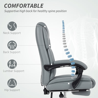 HOMCOM Faux Leather Reclining Office Chair, with Footrest - Grey 