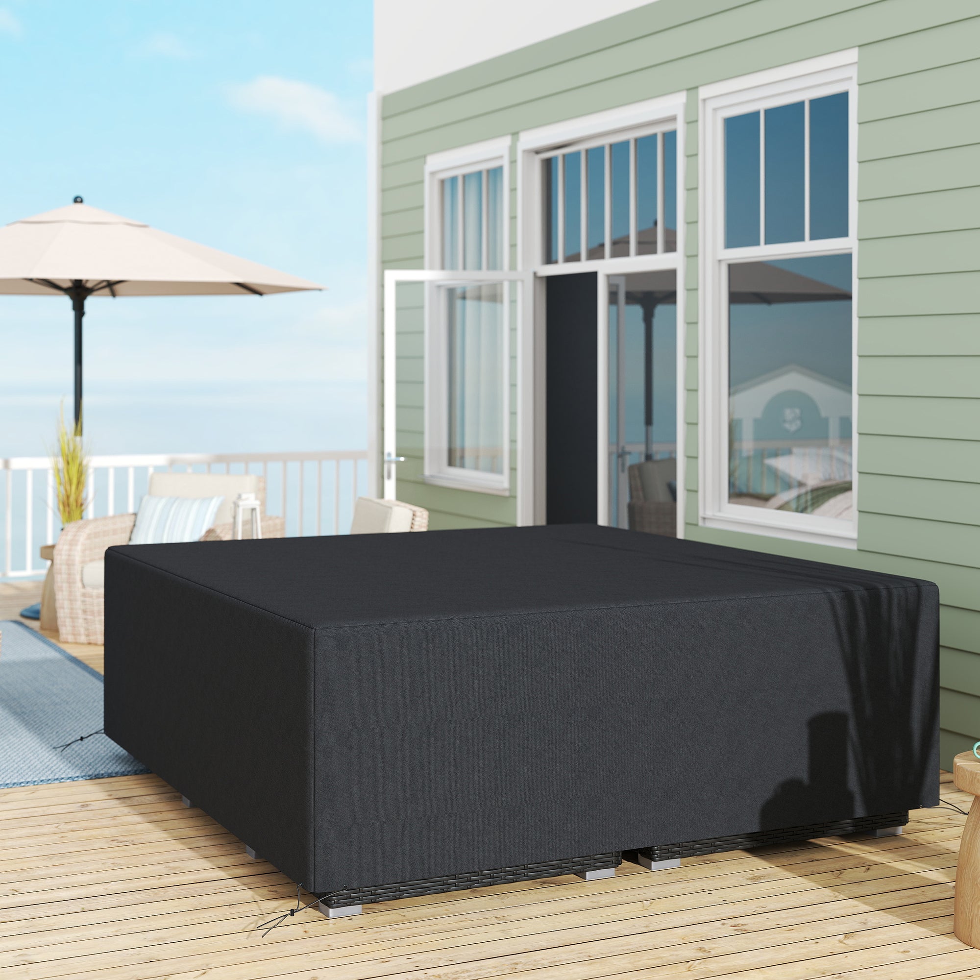 Outsunny 600D Oxford Outdoor Garden Furniture Sofa Set Cover, Waterproof Anti-UV Rattan Sun Lounger Protection Protector Cover, 225L x 210W x 70Hcm, Black 