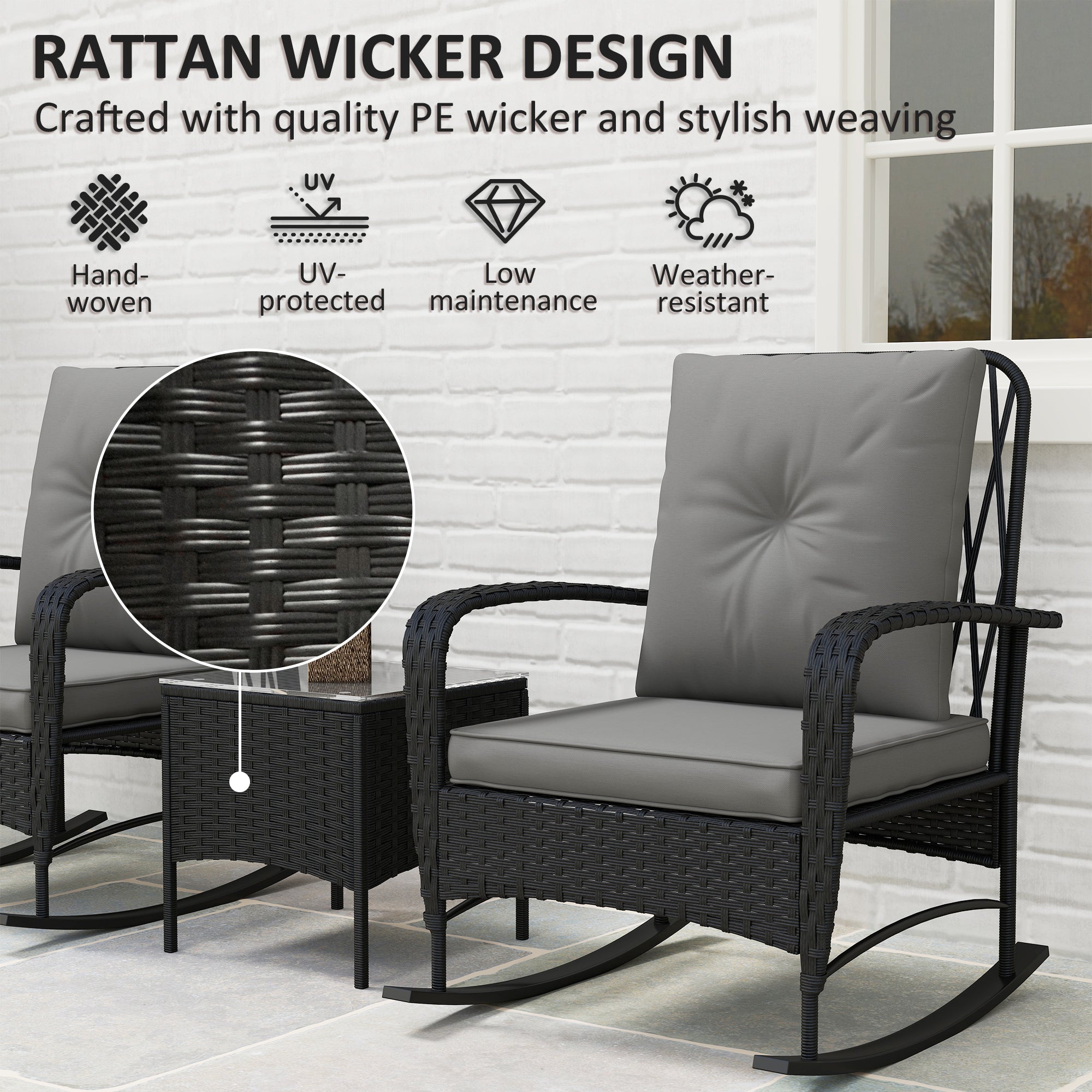 Outsunny Three-Piece Rocking Chair Rattan Bistro Set - Black 