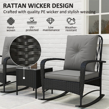 Outsunny Three-Piece Rocking Chair Rattan Bistro Set - Black 