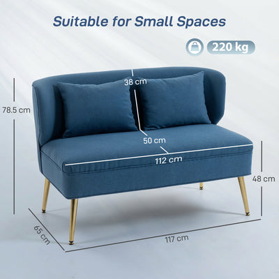HOMCOM 2 Seater Sofa, Linen-look Fabric Small Sofa with Wing Back, Thick Seat, Metal Legs, Dark Blue 