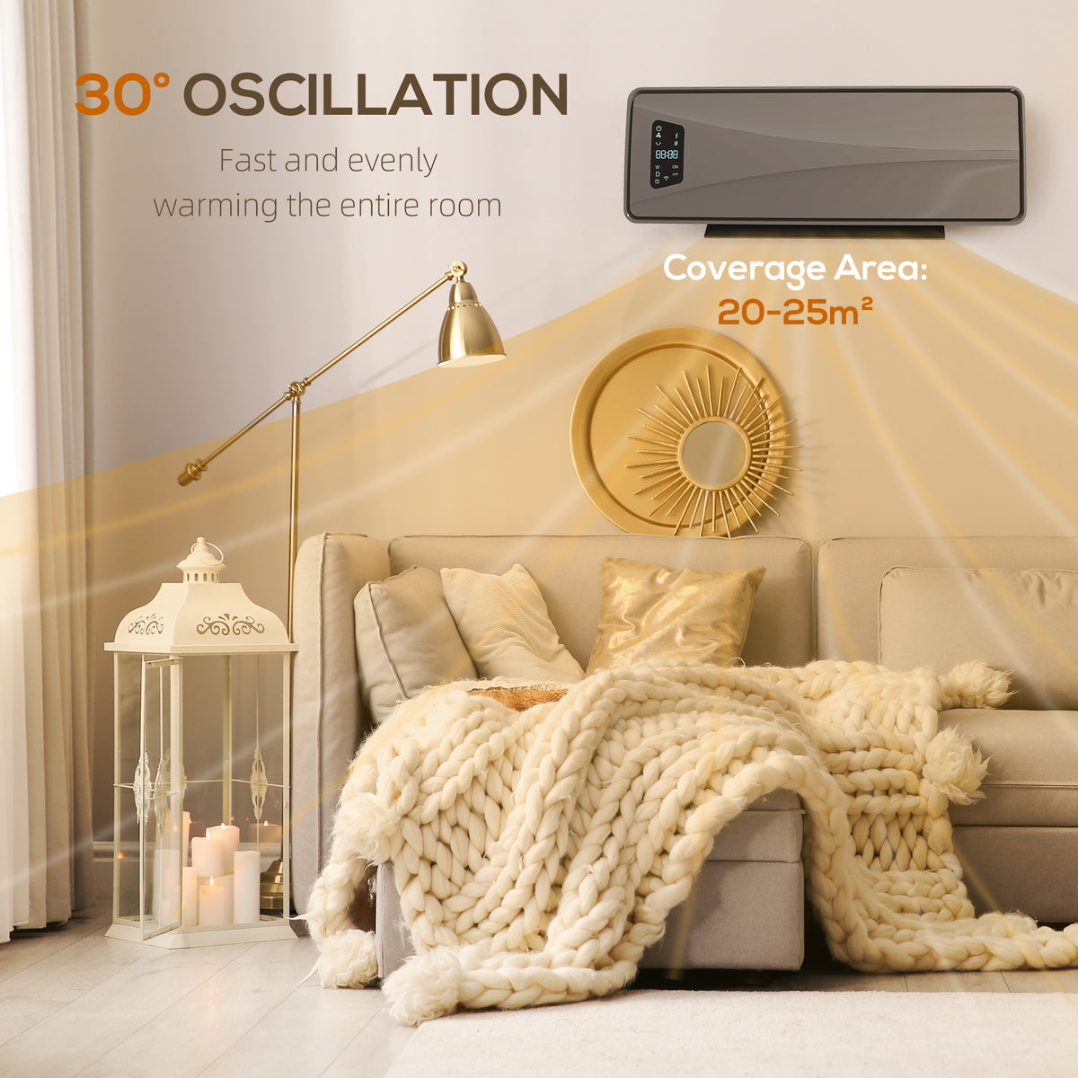 HOMCOM 2000W PTC Ceramic Fan Heater, Wall Mounted, 30° Oscillation, 54L x 18.7W x 14.5H cm - Grey