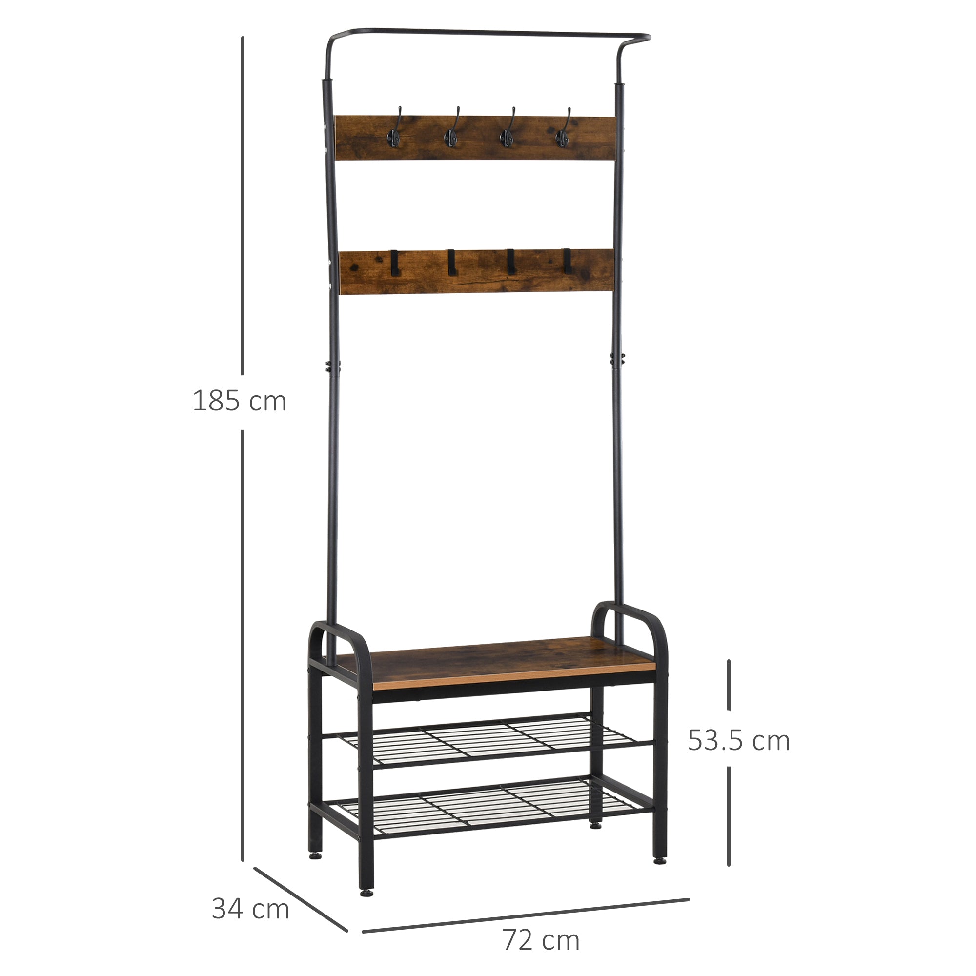 HOMCOM Coat Rack Stand Industrial hallway Shoe Rack Removable Hooks Metal Wood Hangers Storage Cabinet Rustic Brown 72L×34W×185H(cm) 