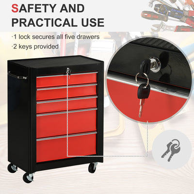 HOMCOM 5-Drawer Tool Chest, Lockable Steel Tool Storage Cabinet with Wheels and Handle Tool Box for Garage, Workshop, Red 