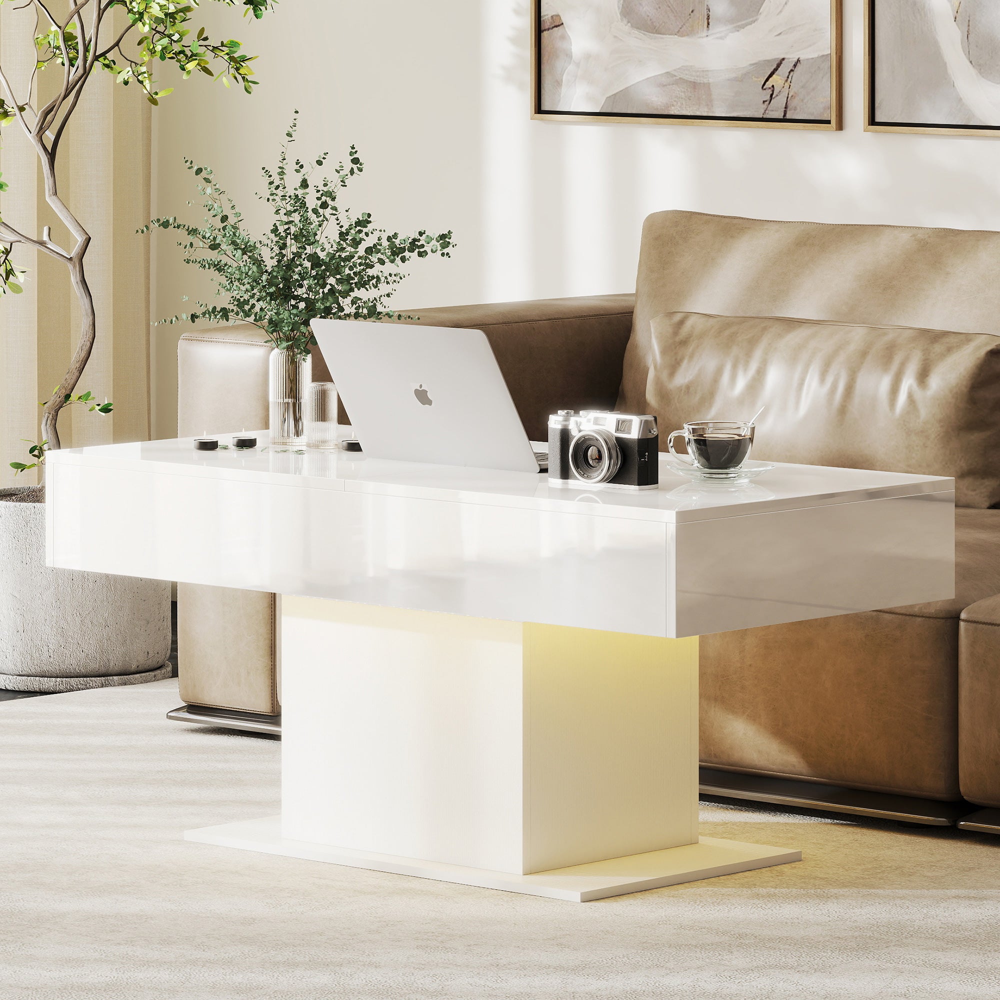 HOMCOM Extendable Coffee Table with LED Lights and Storage - High Gloss White 