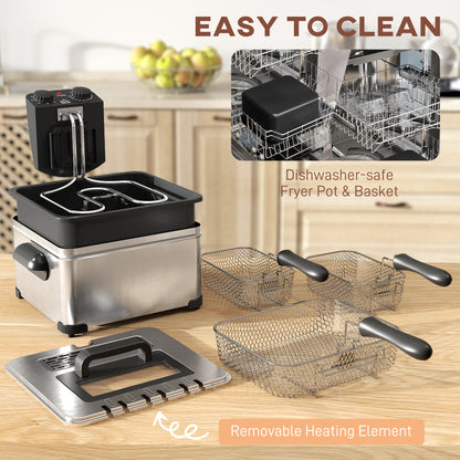 HOMCOM 5 Litre Deep Fat Fryer with Adjustable Temperature & Timer, 2000W Stainless Steel Deep Fryer with Removable Oil Basket and Viewing Window, for Chips Fried Chicken