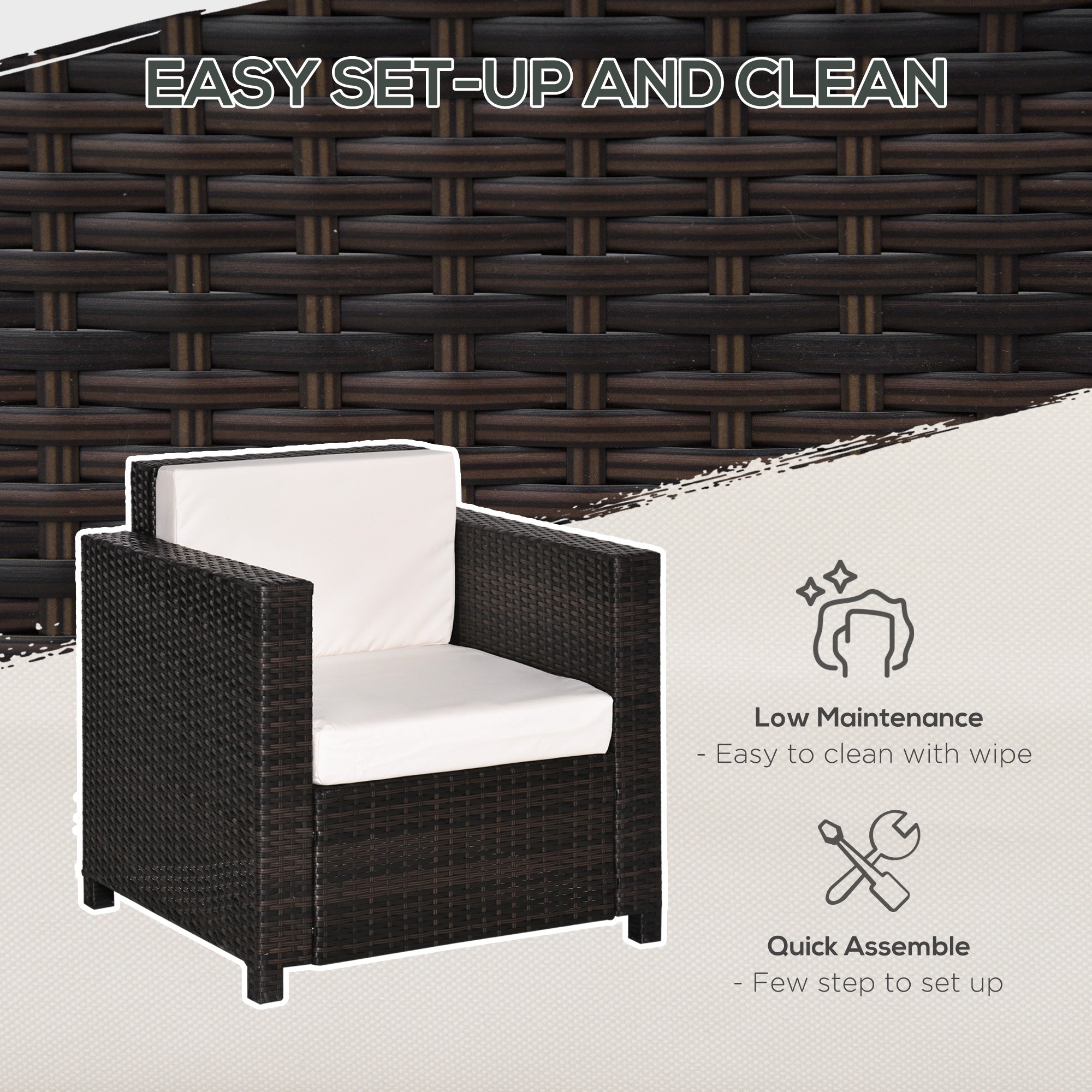 Outsunny Single Seater Rattan Chair, PE Wicker Garden Armchair with 10 cm Thickened Cushion, All-Weather Rattan Garden Chair with Armrests, Brown 
