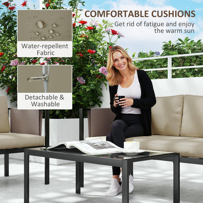 Outsunny 4 Piece Metal Garden Furniture Set with Tempered Glass Coffee Table, Texteline Pocket, Outdoor Set Loveseat Single Armchairs with Padded Cushions, Khaki 