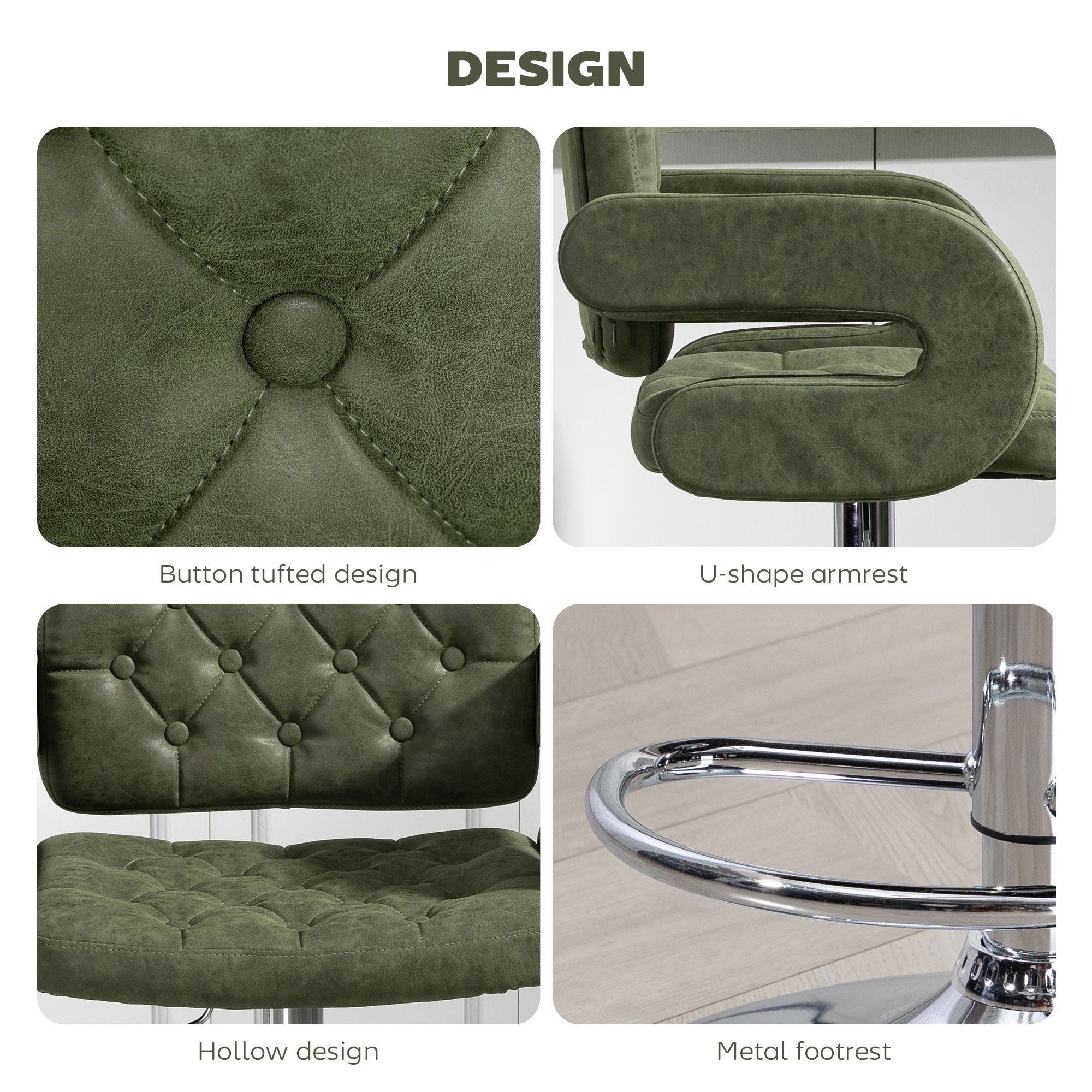 HOMCOM PU Leather Upholstered Swivel Bar Stool, Height Adjustable with Back, Armrest, Footrest, Green 