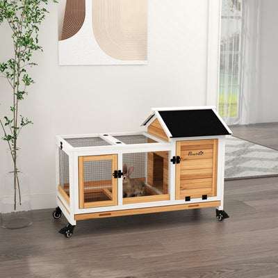 PawHut Wooden Rabbit Hutch, Guinea Pig Cage, with Removable Tray, Wheels - Yellow 