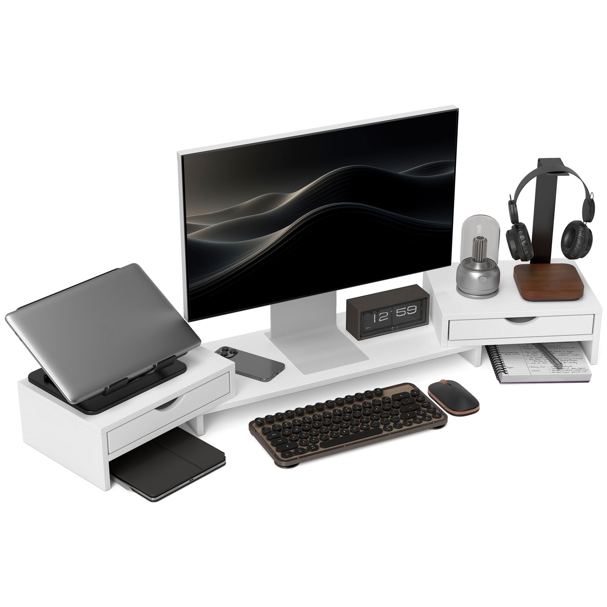 HOMCOM Dual Monitor Stand Riser with 2 Drawers, Adjustable Length and Angle, 116cm Monitor Riser for Laptop, Computer, PC, Small Printer, White 