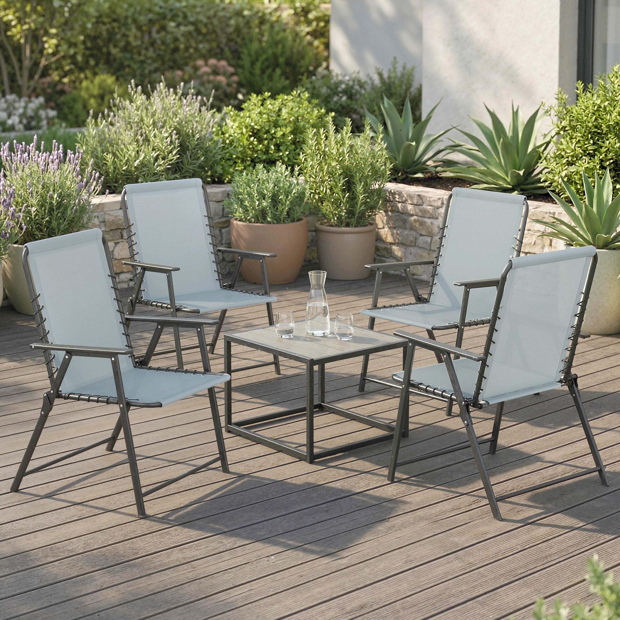 Outsunny Folding Garden Chairs Set of 4, Outdoor Dining Chairs with Wide Texteline Seat, High Back and Armrests, Light Grey 