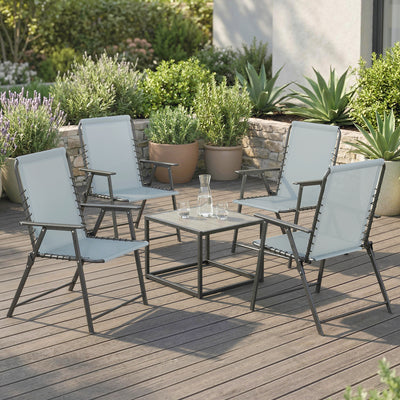 Outsunny Folding Garden Chairs Set of 4, Outdoor Dining Chairs with Wide Texteline Seat, High Back and Armrests, Light Grey 
