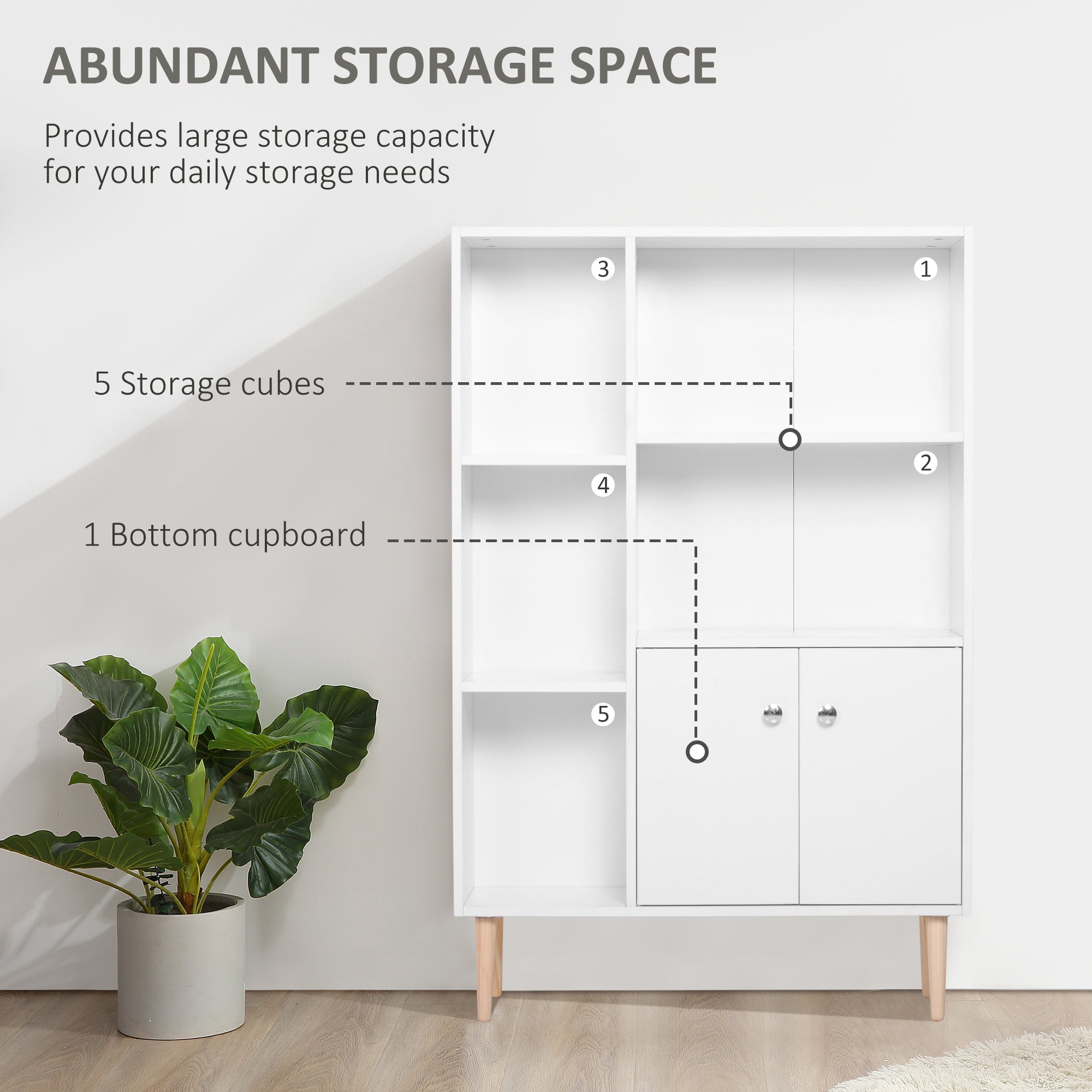 HOMCOM Sideboard Storage Cabinet Cupboard, Open Bookcase with 2 Doors 5 Compartments Wooden Modern Style for Living Room Bedroom Kitchen 80 x 23 x 123 cm, White 