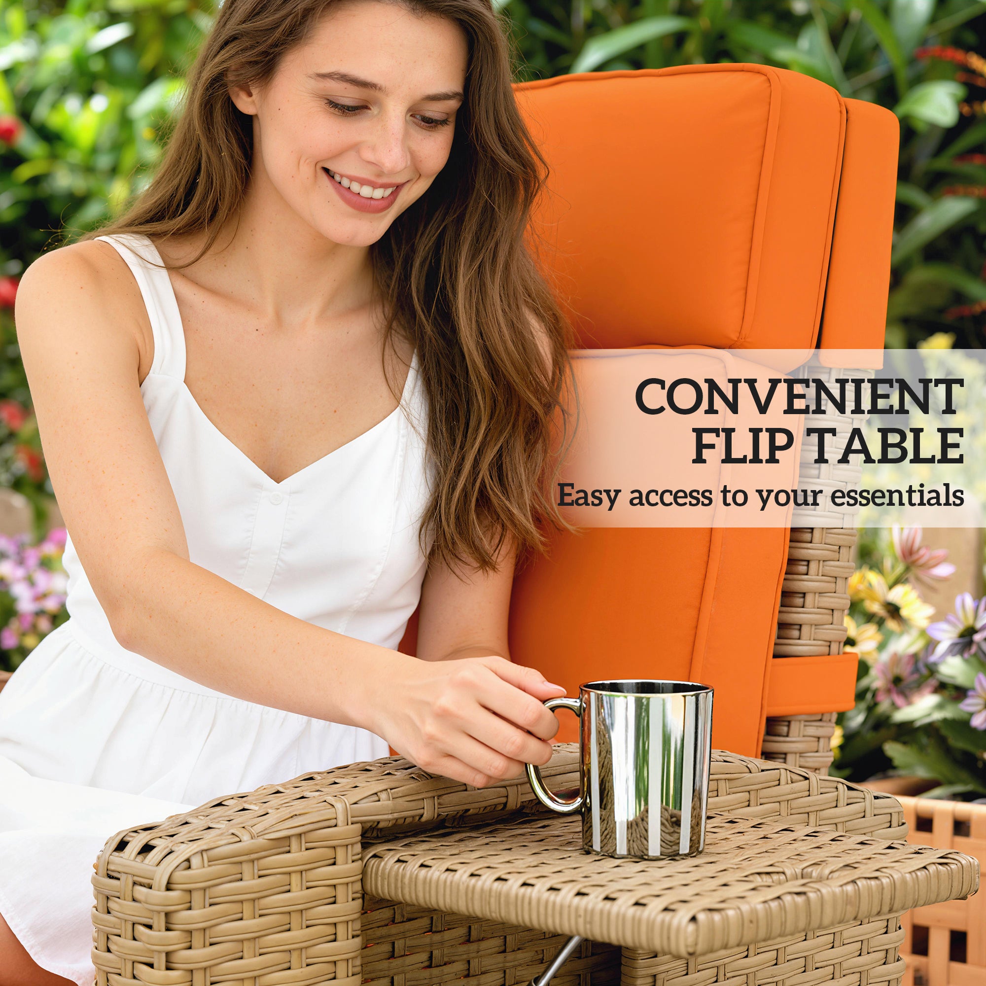 Outsunny 145° Reclining Rattan Armchair, with Footrest - Khaki/Orange 