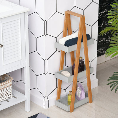kleankin Bathroom Storage Shelves, 3-Tier Slim Shelving Unit, Freestanding Bamboo Shelf Unit, A Frame Space Saver Toilet Rack, Natural 